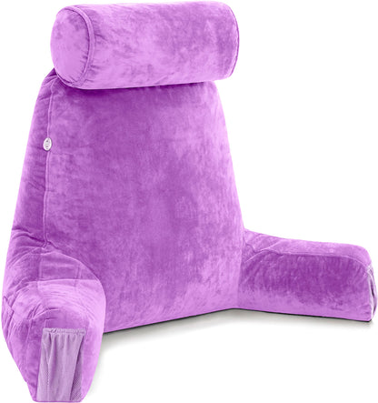 Melhany XX-Large Reading Pillow with Arms and Neck Roll, Shredded Memory Foam Bed Rest Pillow with Removable Cover and Side Pockets, Grey