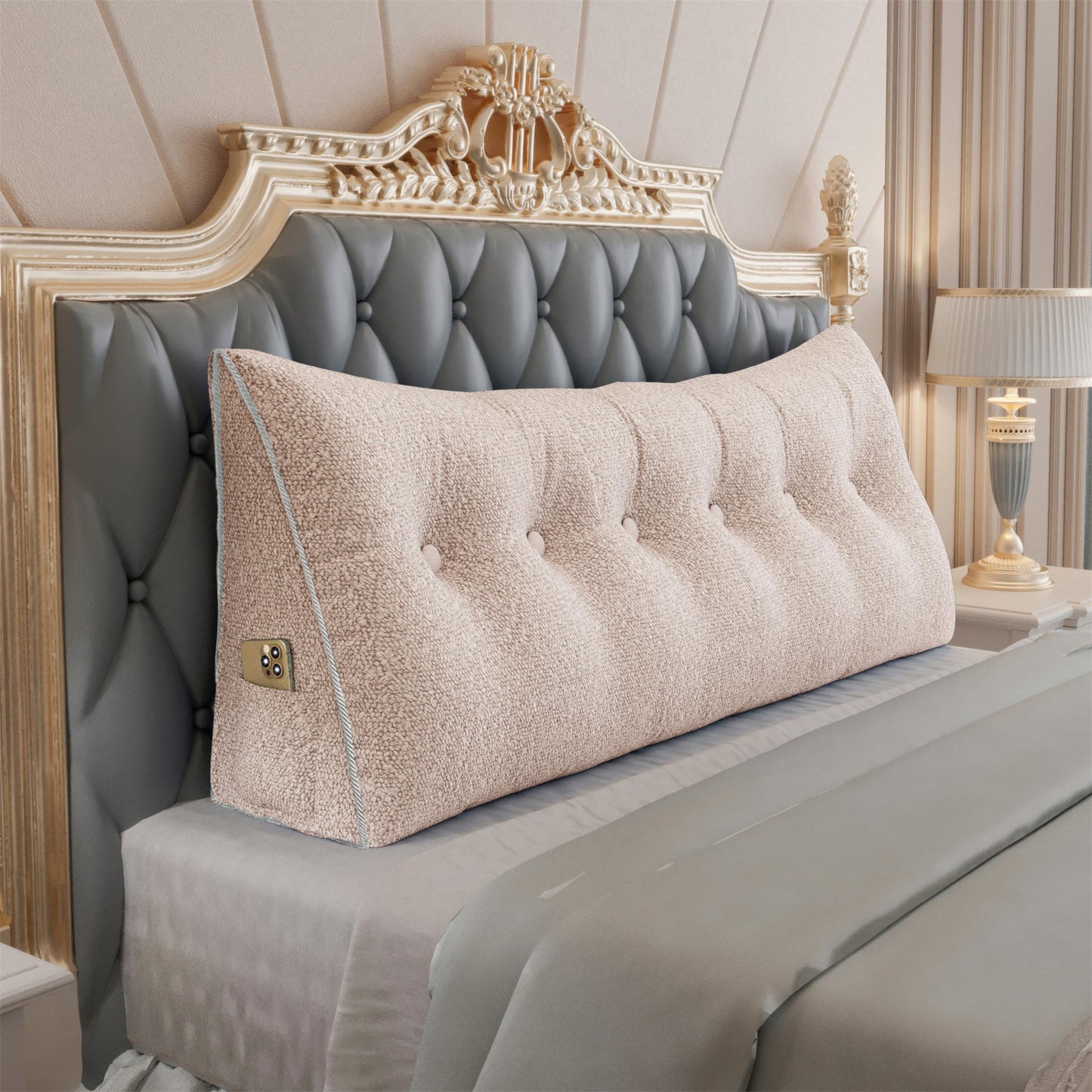 Melhany Queen Size Wedge Headboard Pillow with Side Pockets, Velvet Back Support Reading Pillow with Removable Washable Cover