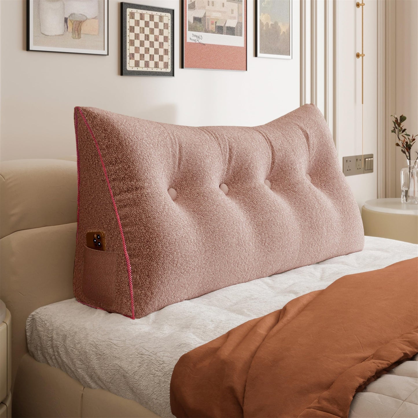 Melhany Queen Size Wedge Headboard Pillow with Side Pockets, Velvet Back Support Reading Pillow with Removable Washable Cover