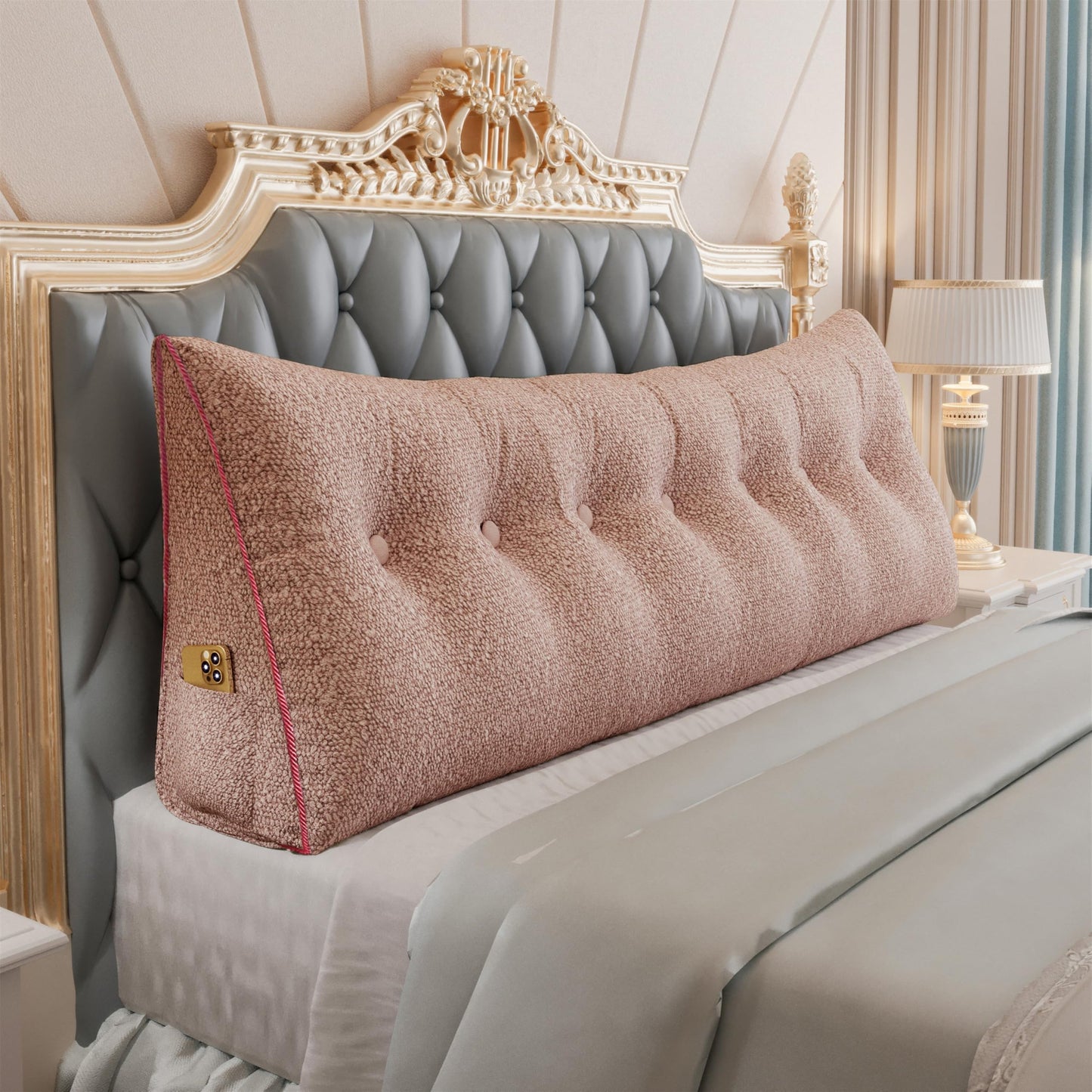 Melhany Queen Size Wedge Headboard Pillow with Side Pockets, Velvet Back Support Reading Pillow with Removable Washable Cover
