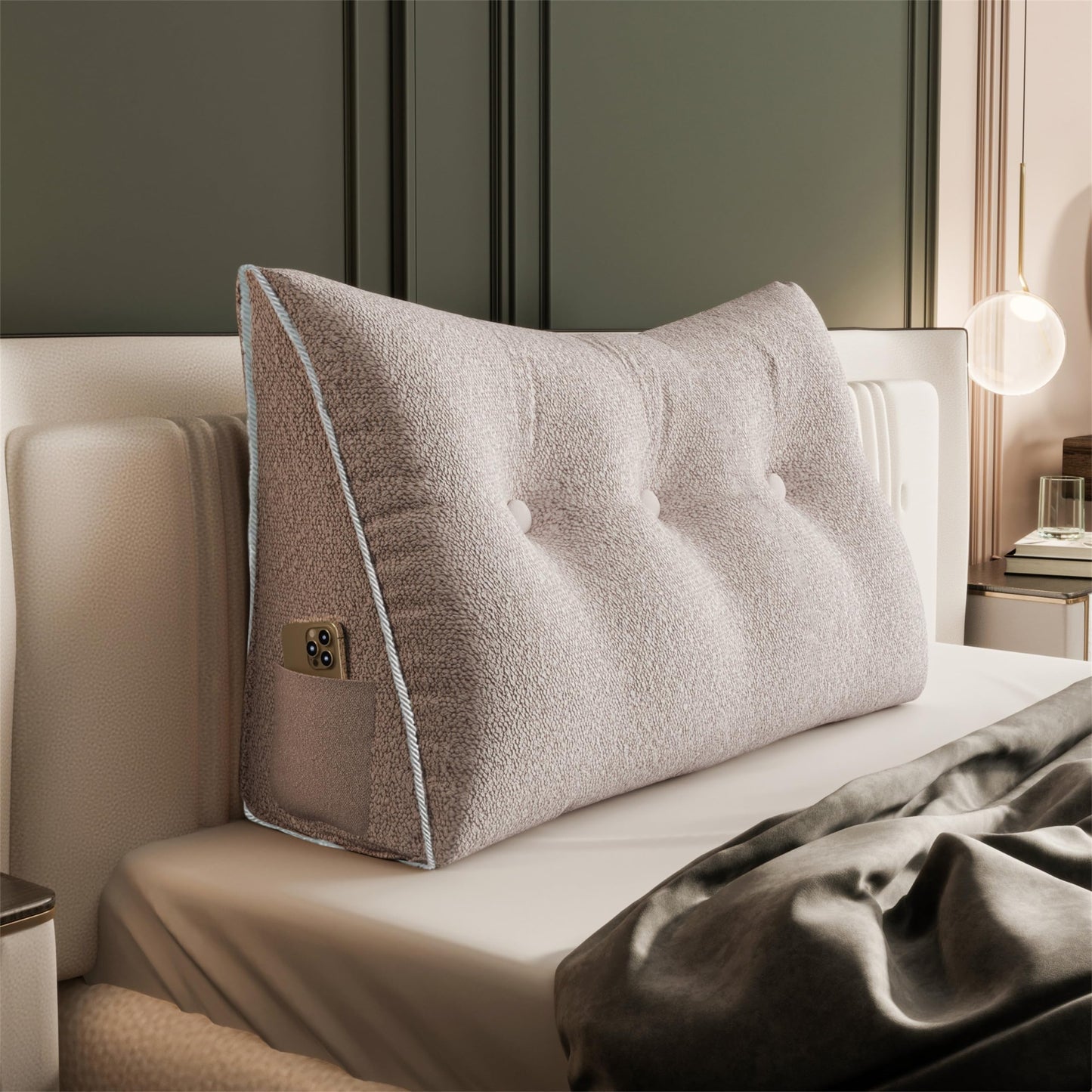 Melhany Queen Size Wedge Headboard Pillow with Side Pockets, Velvet Back Support Reading Pillow with Removable Washable Cover