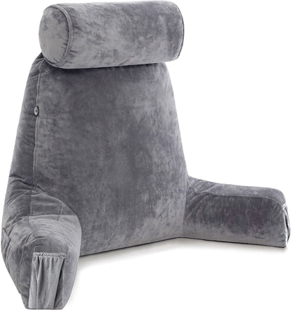 Melhany XX-Large Reading Pillow with Arms and Neck Roll, Shredded Memory Foam Bed Rest Pillow with Removable Cover and Side Pockets, Grey
