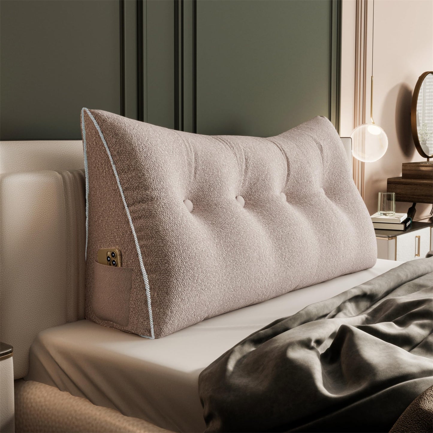 Melhany Queen Size Wedge Headboard Pillow with Side Pockets, Velvet Back Support Reading Pillow with Removable Washable Cover
