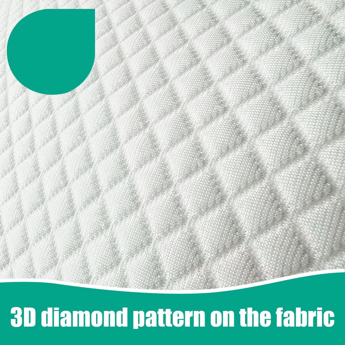 White quilted fabric with a diamond pattern, featuring an OEKO-TEX certification badge in the top-left corner and a teal banner at the bottom that reads '3D diamond pattern on the fabric'.